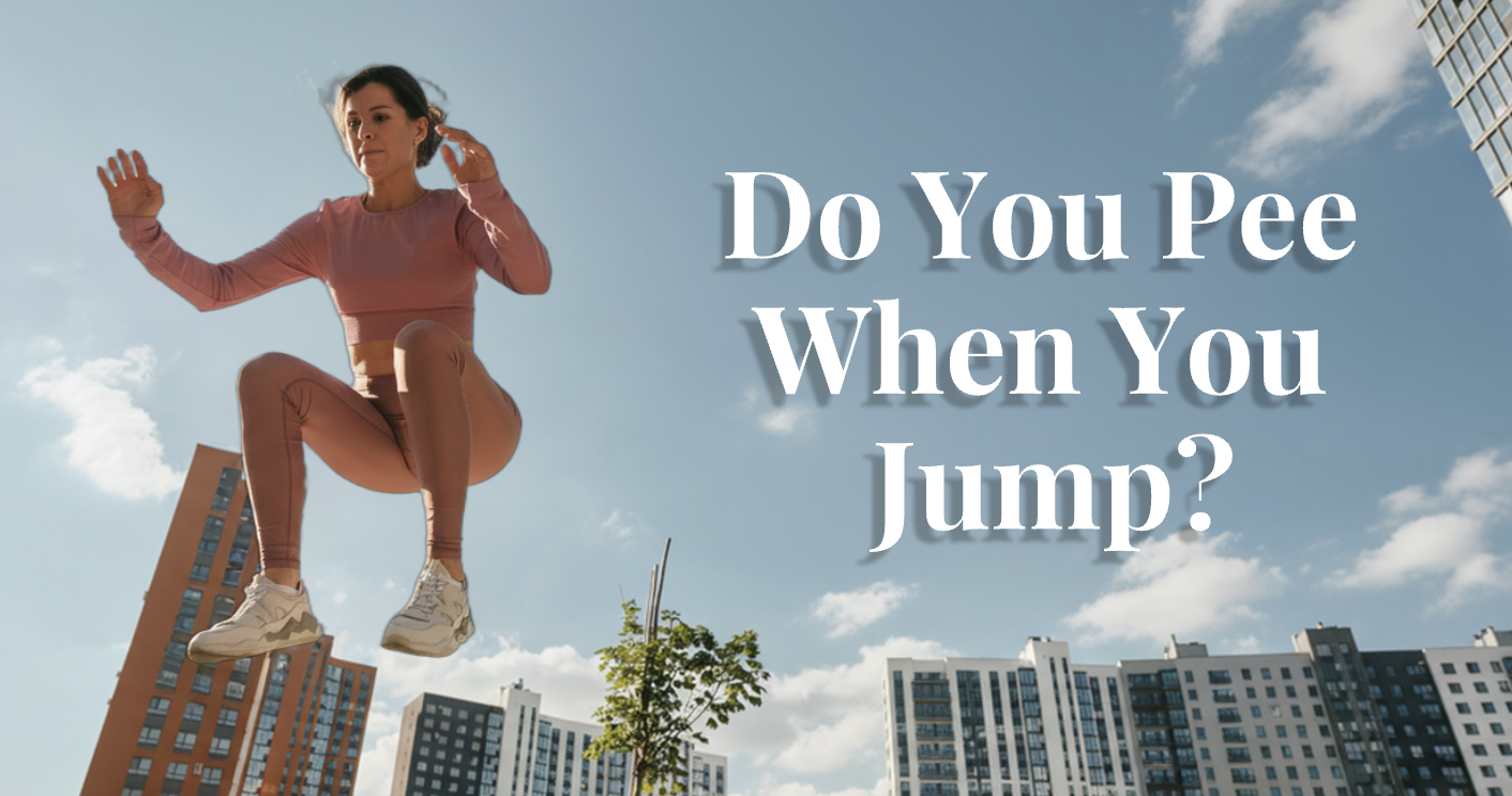 A woman illustrating what happens when you pee when you jump due to stress urinary incontinence and weak pelvic floor muscles.